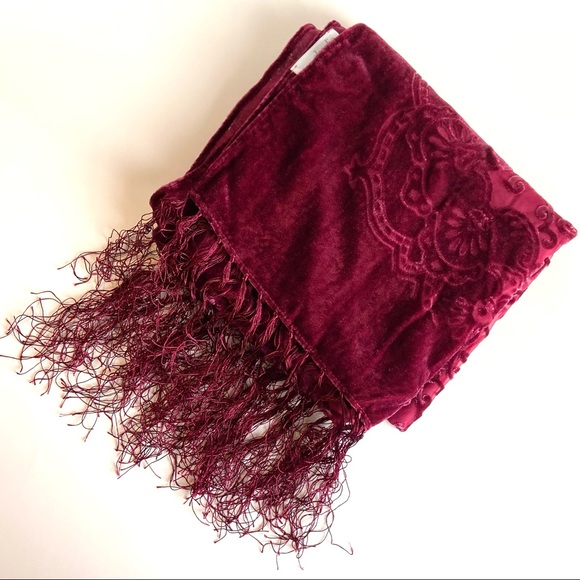 Gorgeous Cranberry Wine Colored Burn Out Scarf with Fringe - Picture 8 of 9